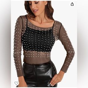 Beaded black mesh top